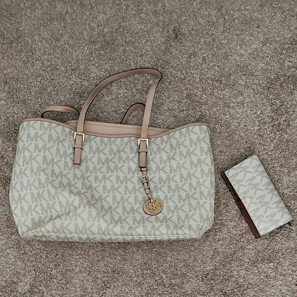 Michael Kors Monogrammed Cream Tote and Wallet
